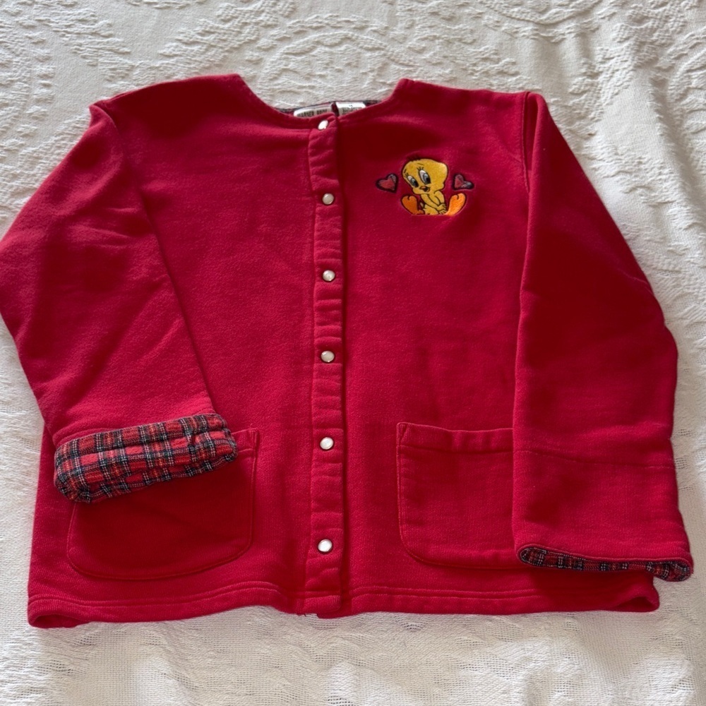Vintage Red Plaid Embroidered Tweety Bird Fleece Button Down Top M Cotton